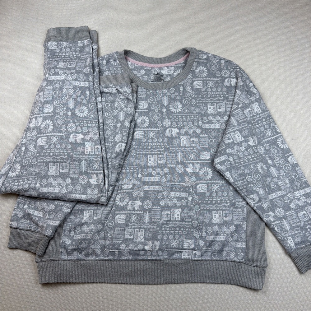 Cuddl Duds Sleepwear Pajama Set Top & Pants XXL Kangaroo Pocket Soft Gray‎ White
